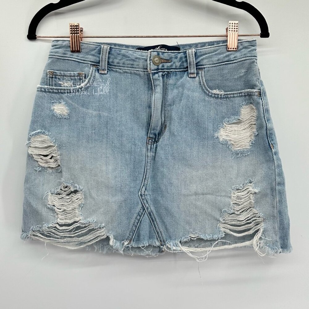 Hollister Light Wash Ripped Distressed High-Rise Raw Hem Denim Skirt Size 5 / 27